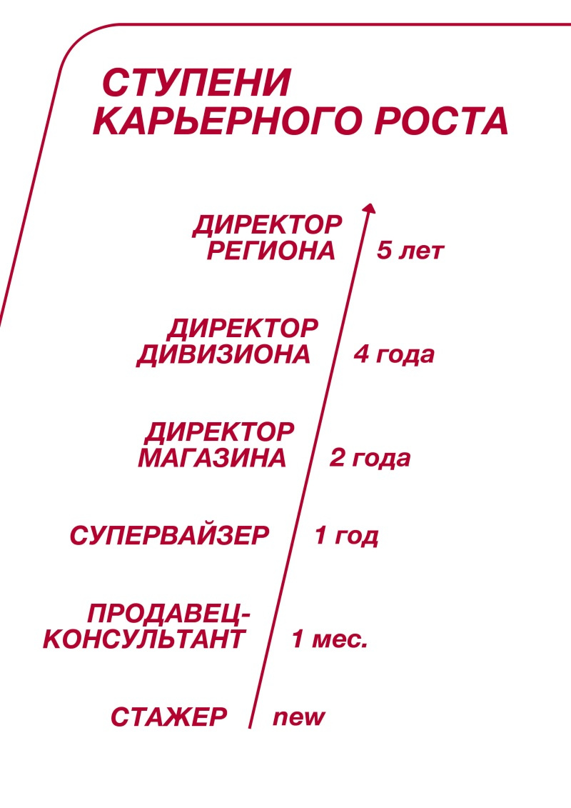 Адаптационная программа направлена на скорейшее понимание специфики работы и осознание того, что он может сделать как для развития компании, так и для собственного профессионального роста. Возможности карьерного роста в компании «Эльдорадо» — это отдельная глава в жизни компании. В омском дивизионе «Эльдорадо» за год 9 человек были повышены в должности от продавца до супервайзера от супервайзера до директора магазина, после прохождения всех отборочных этапов. Адаптационная программа направлена на скорейшее понимание специфики работы и осознание того, что он может сделать как для развития компании, так и для собственного профессионального роста. Возможности карьерного роста в компании «Эльдорадо» — это отдельная глава в жизни компании. В омском дивизионе «Эльдорадо» за год 9 человек были повышены в должности от продавца до супервайзера от супервайзера до директора магазина, после прохождения всех отборочных этапов.