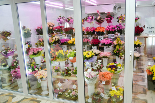 Весь ассортимент букетов и цветов на этих цветочных базах хранится в огромных холодильниках-витринах, что позволяет им гораздо дольше оставаться свежими и радовать глаз покупателей.