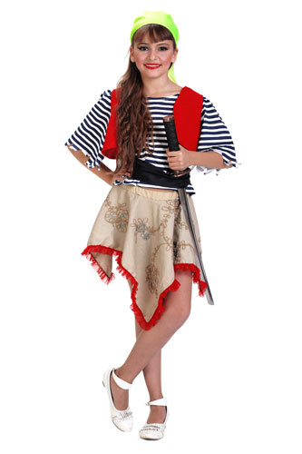 <b>Пиратка</b>. Костюм Пиратки — это костюм для самых смелых завоевательниц морских просторов. В комплекте: юбка, тельняшка, пояс, жилетка, бандана. Сабля в набор не входит. Размеры: 30-34. <price><b>590 руб.</b></price>