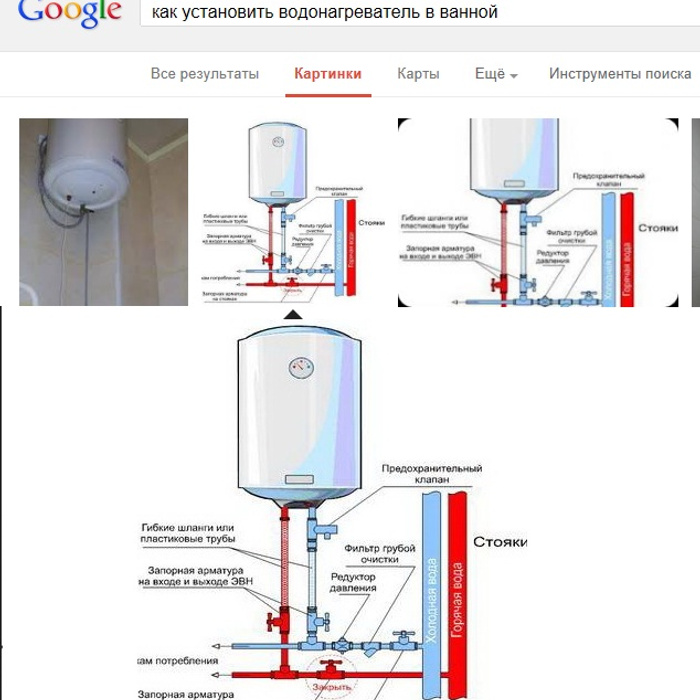 Схема установки водонагревателя в ванной комнате