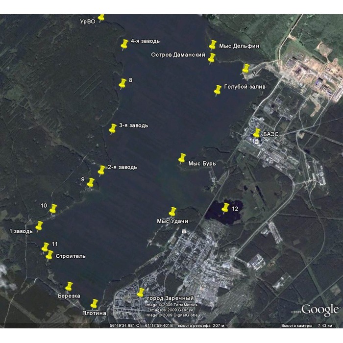 Рефтинское водохранилище карта с названиями заливов