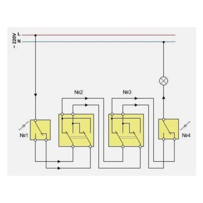 Подключение четырех выключателей. Перекрестный переключатель схема подключения из 4 мест. Схема подключения перекрестного переключателя с 4 мест. Схема подключения перекрестного выключателя с четырех мест. Схема подключения перекрестного выключателя из 4 мест.