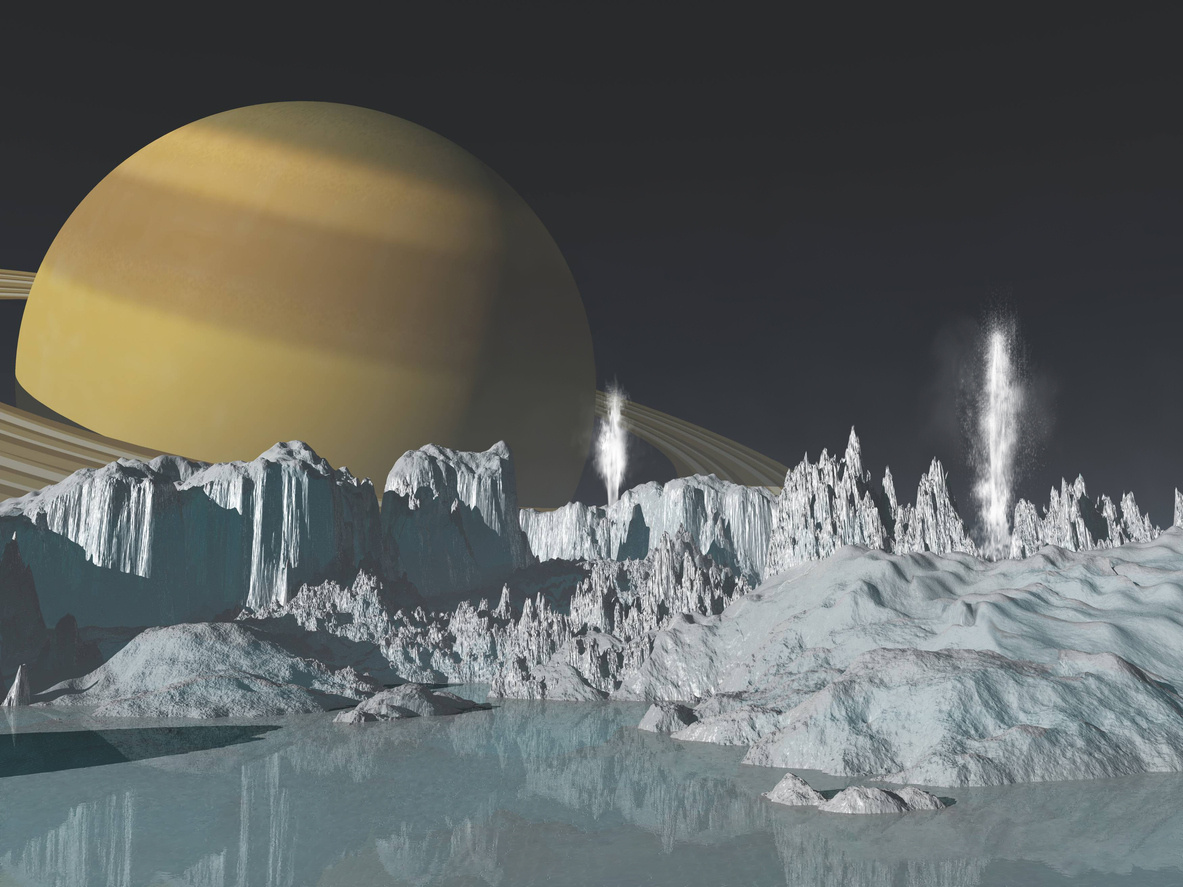 Энцелад, спутник Сатурна, выбрасывает в космос водяной пар