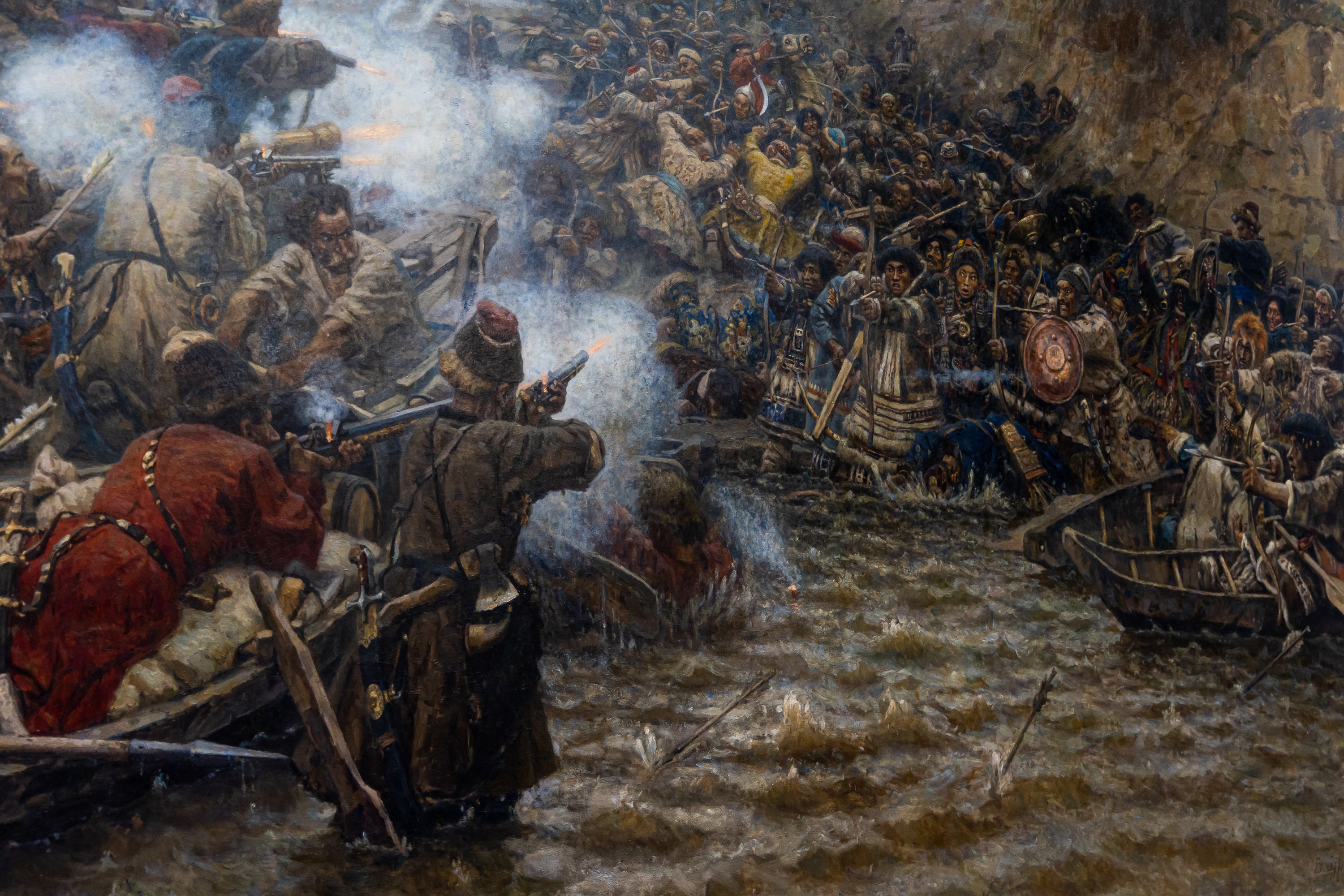 Сюжет картины строится вокруг битвы войска Ермака с полчищами хана Кучума в 1582 году