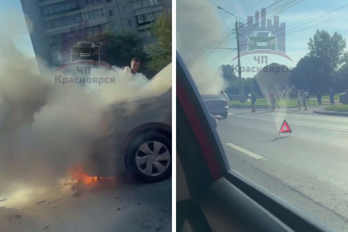 В Красноярске проспект Металлургов встал в серьезную пробку из-за ДТП с горящей машиной
