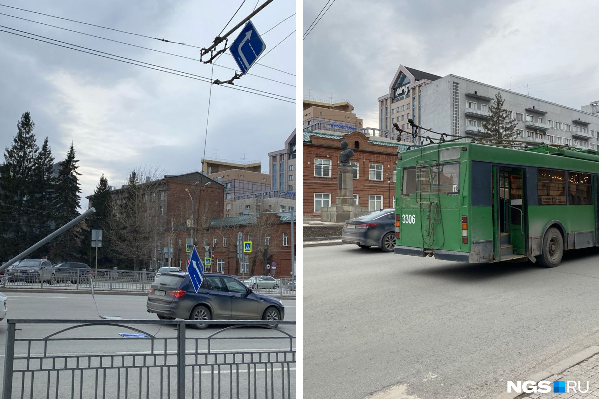 В Новосибирске заявили, что троллейбус повалил столб на Красном проспекте — видео с места