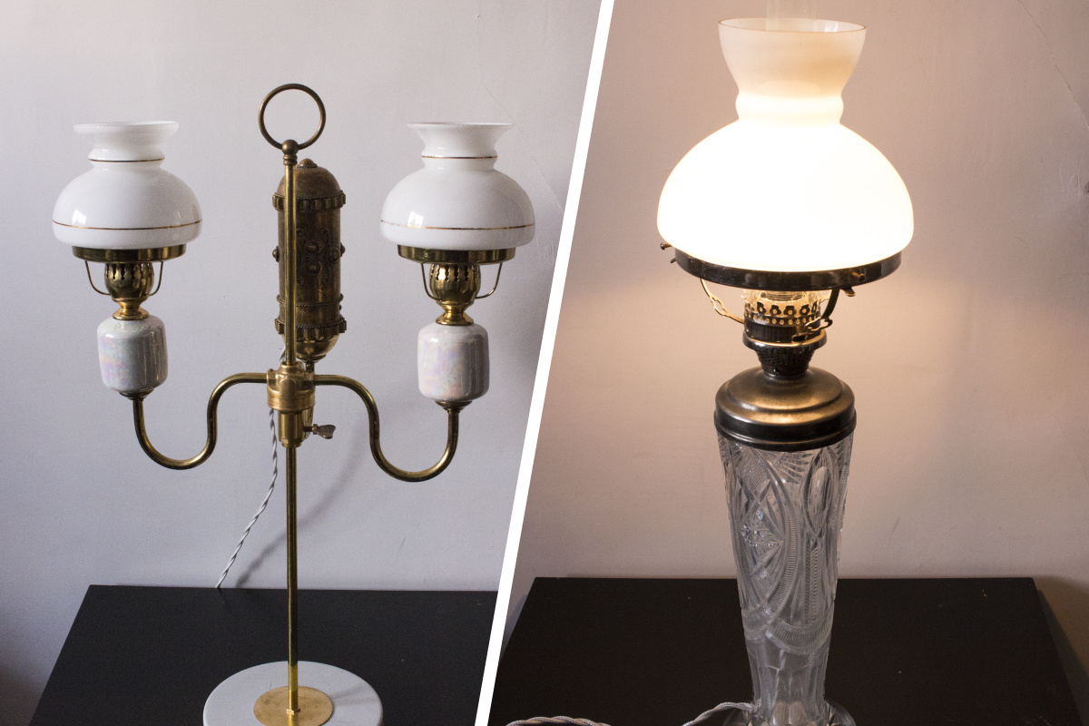 Слева — симпатичный светильник, состоящий из нескольких элементов и напоминающий канделябр, справа — из обрезанной советской вазы