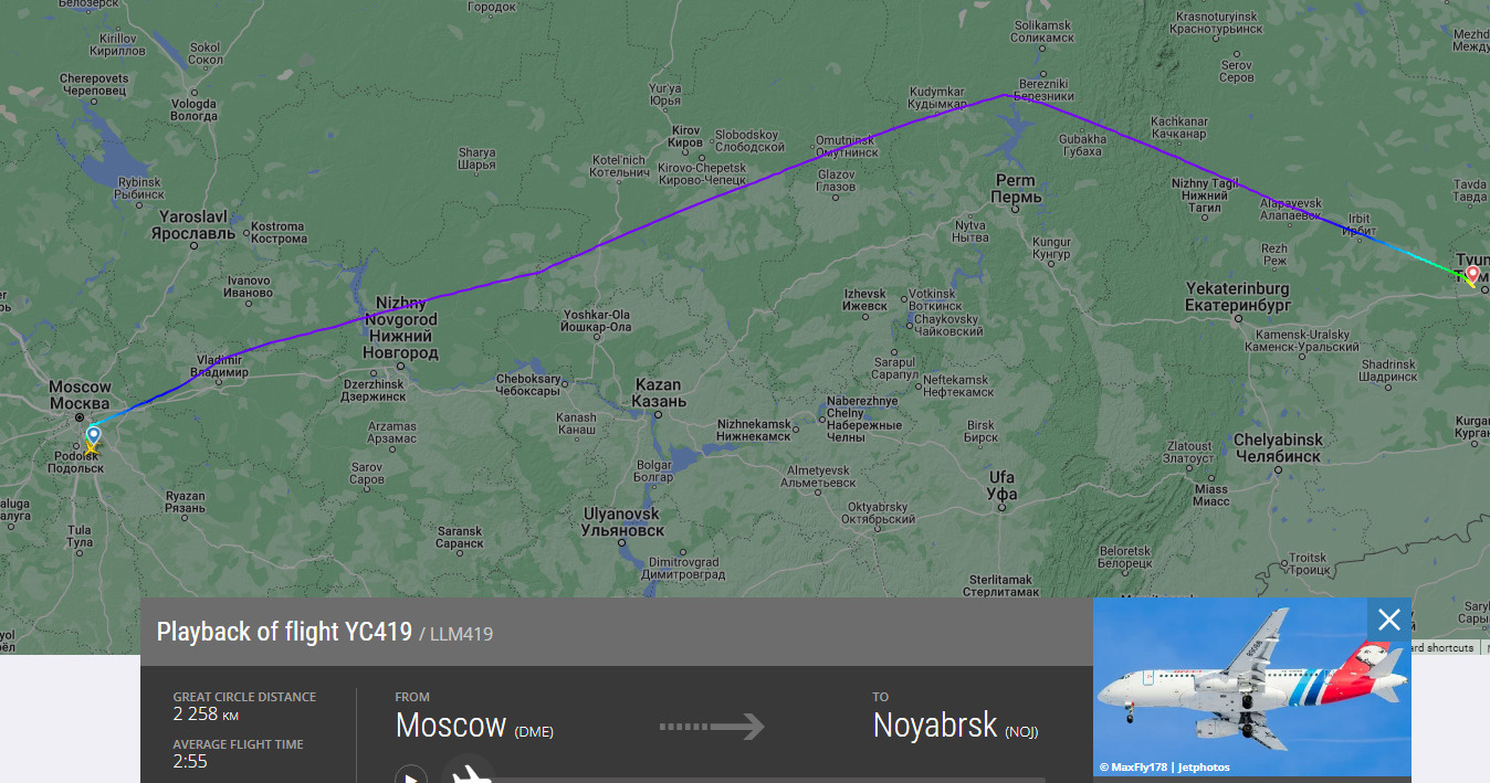 Путь, который преодолел самолет из Москвы