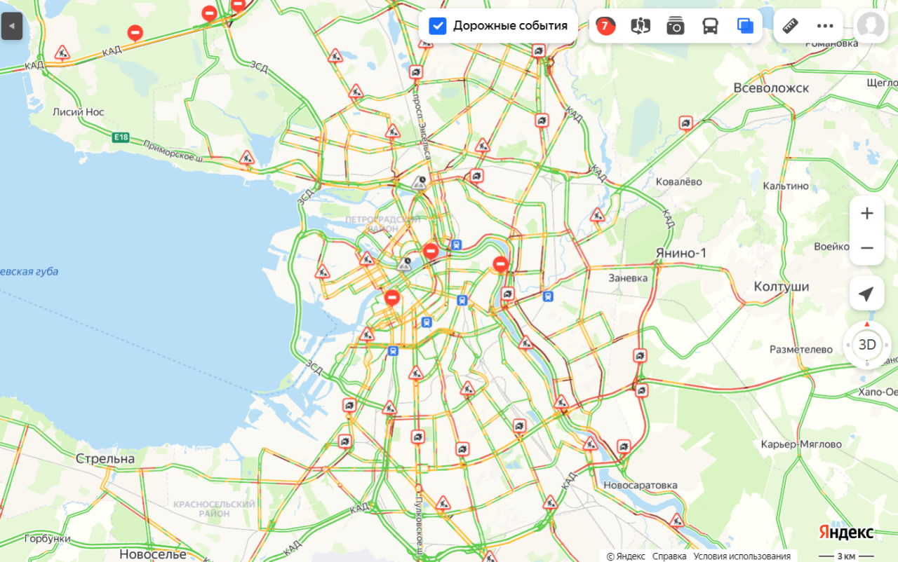 В Петербурге 7 баллов. Пробка на КАД выросла до 13 км