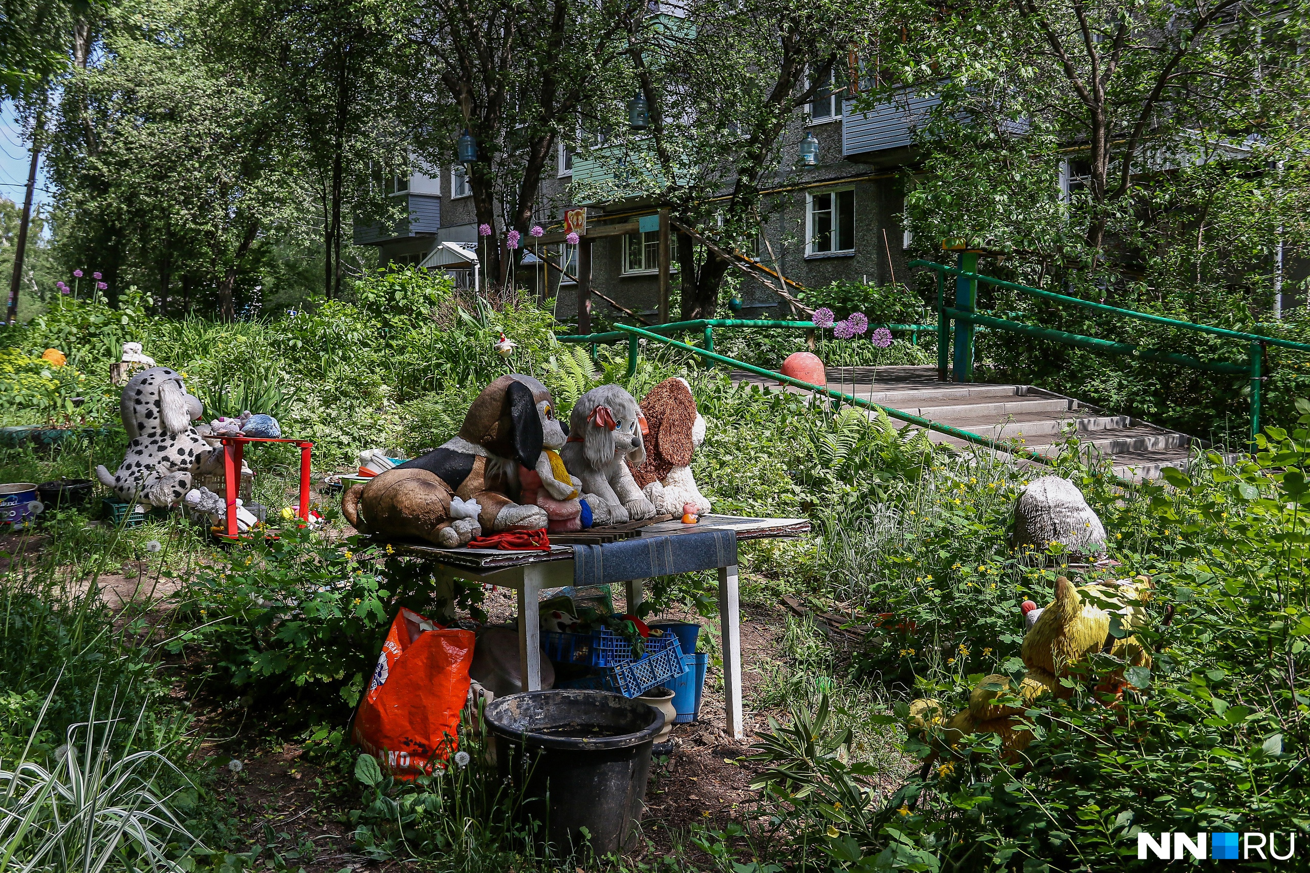 А это один из дворов Советского района — местные «украсили» его мягкими игрушками