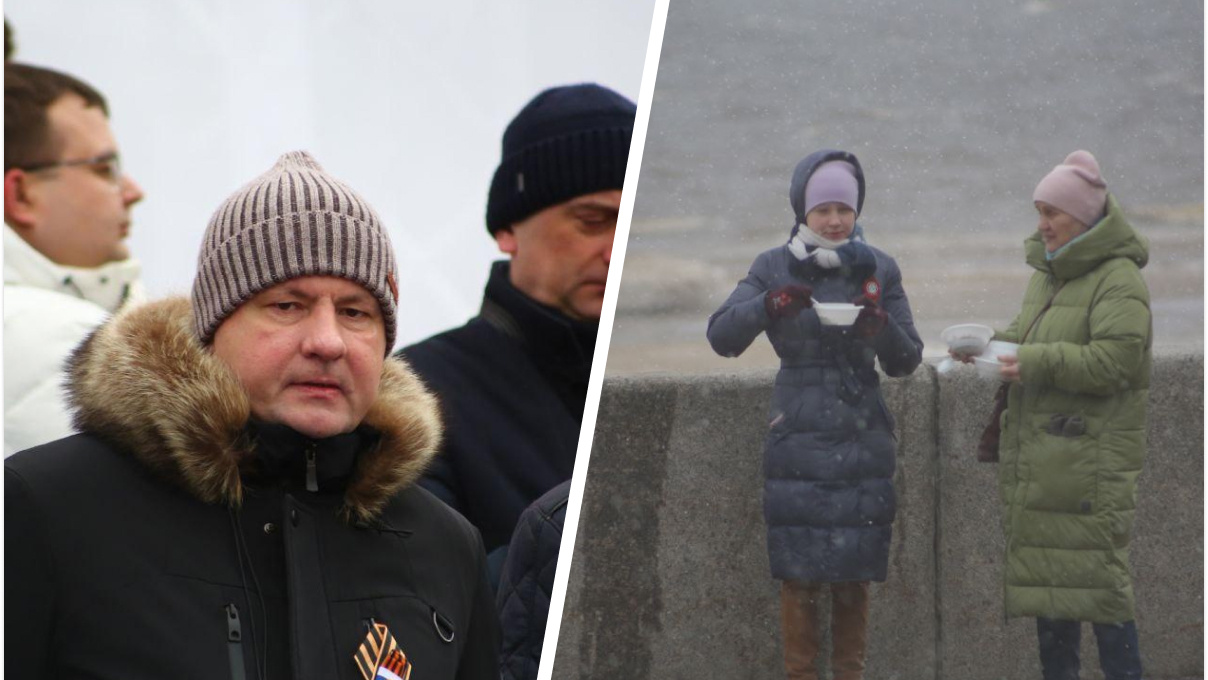 Чиновники в шапках и улетающая каша: репортаж с холодного 9 Мая в Архангельске и Северодвинске