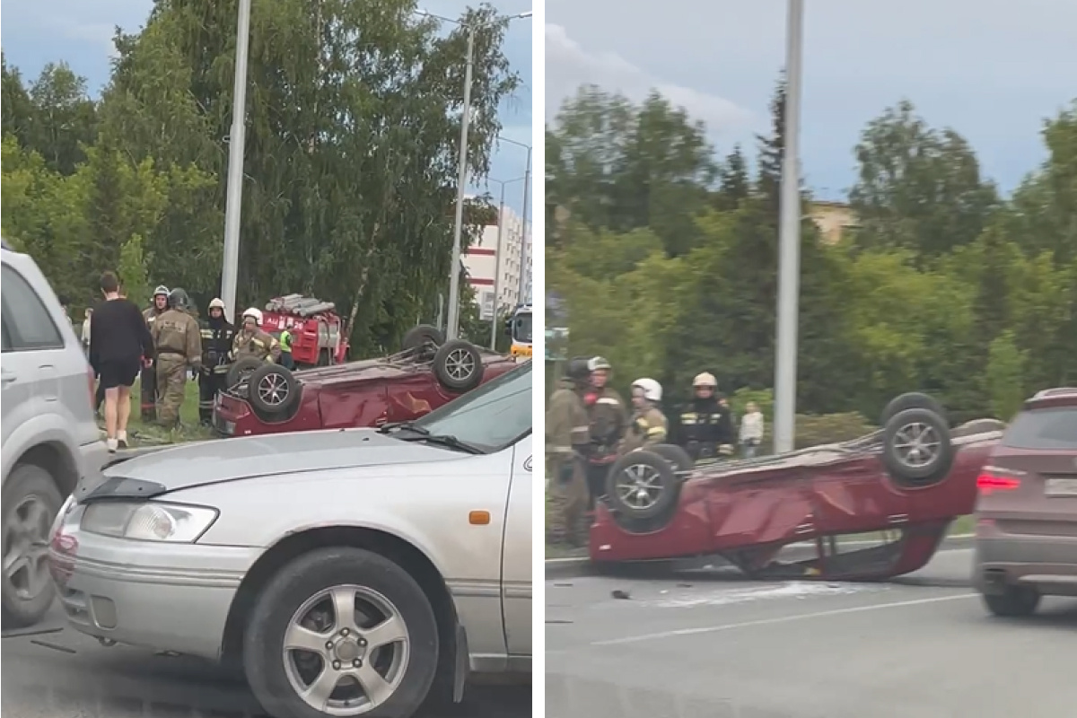 «На месте — сотрудники МЧС»: автомобиль перевернулся на крышу в Бердске