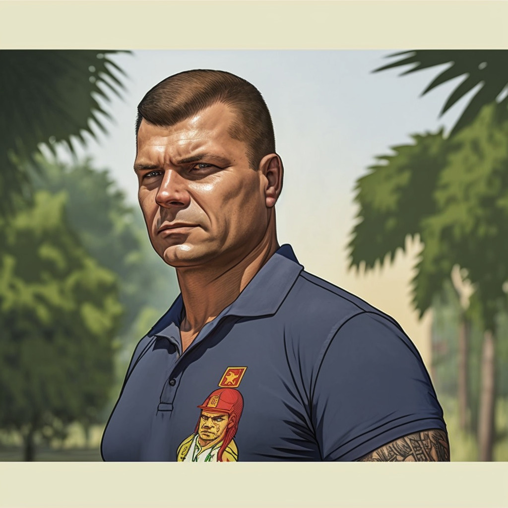 Сергей Еремин в образе персонажа GTA получился в окружении деревьев, смутно напоминающих о красноярских пальмах...