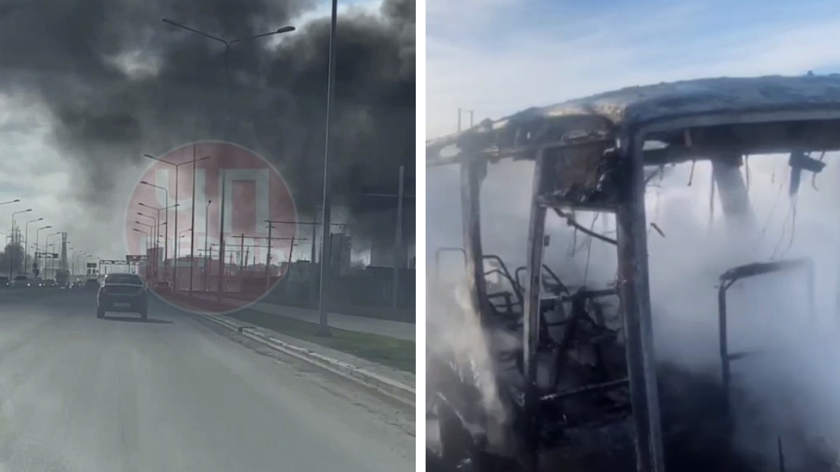 Парковый заволокло черным дымом — всё из-за сгоревшего автобуса. Видео