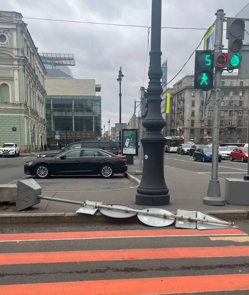 Метростроевский дорожный знак свалился на голову петербурженке у Мариинского театра