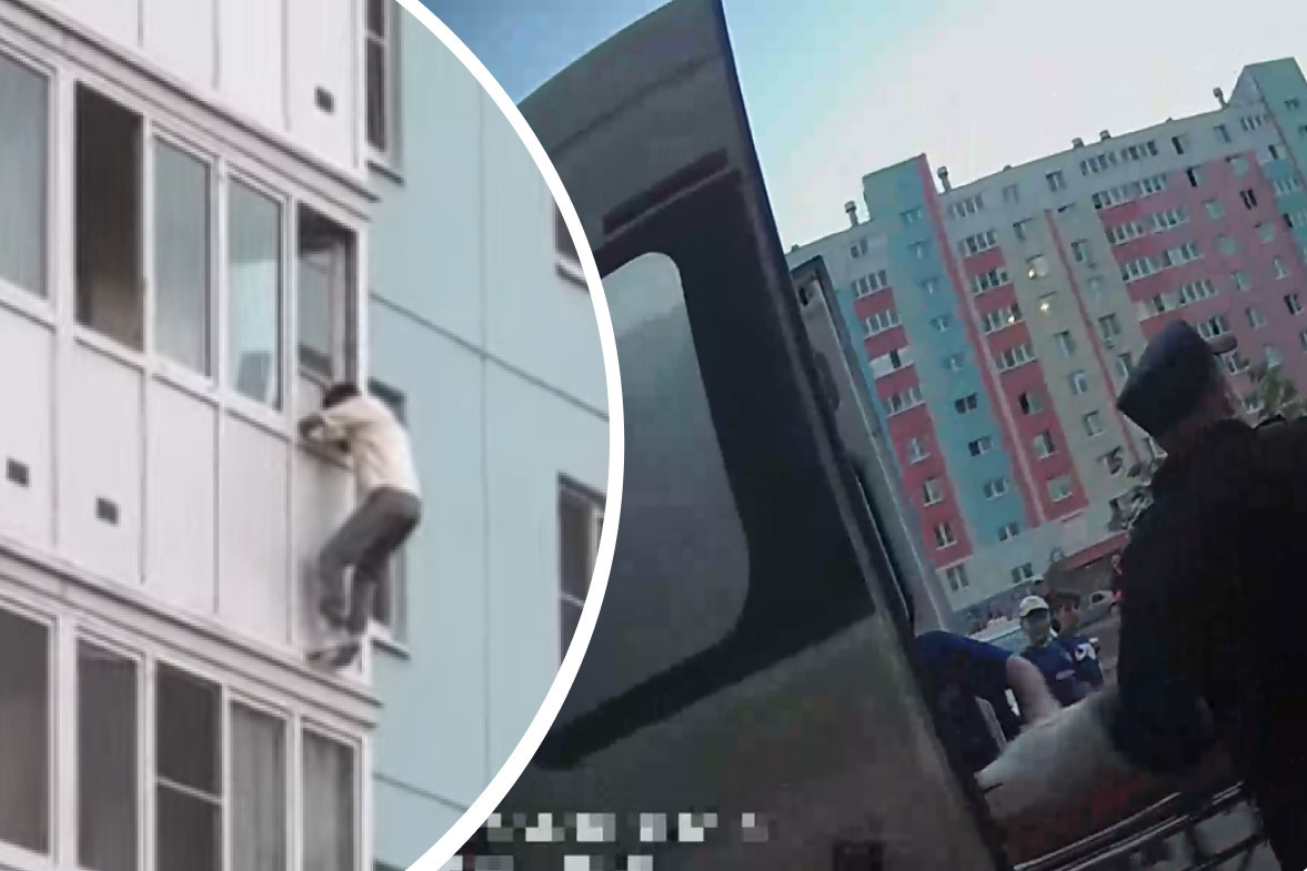 В Нижнем полицейские задержали мужчину, размахивающего ножом. Он висел на балконе и угрожал спрыгнуть — видео