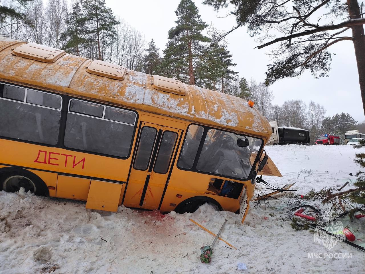 Автобус с детьми попал в ДТП на трассе Петербург — Псков. На снегу кровь, пострадавших — 17 человек