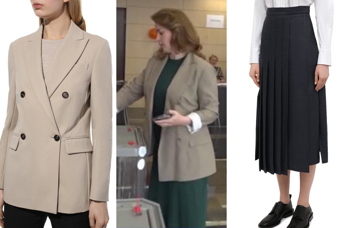 Жакет по крою, форме ворота и расположению пуговиц очень похож на итальянский, юбку в том же стиле можно найти в ЦУМе (но только черную)