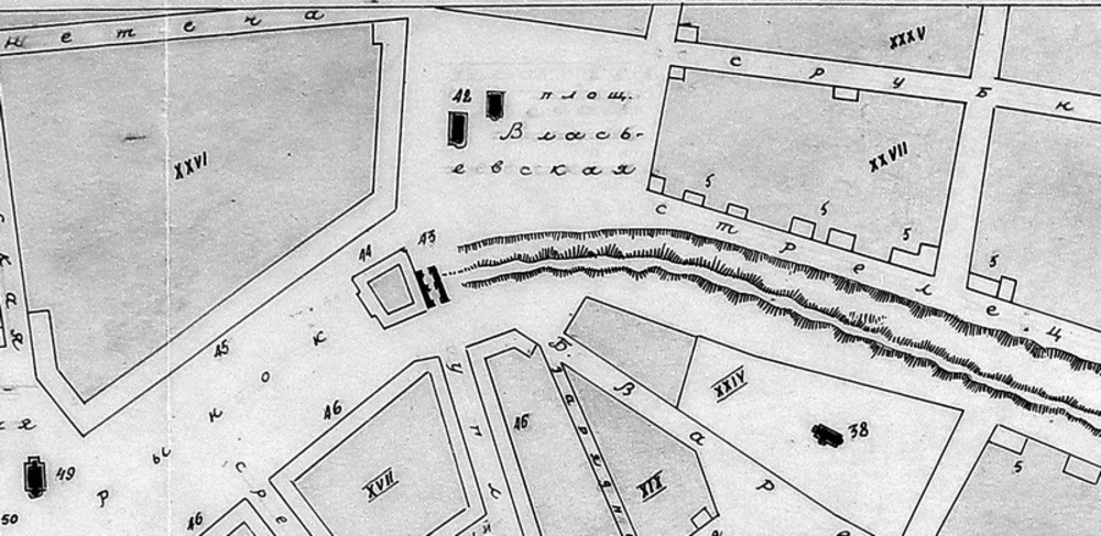 Фрагмент плана Ярославля начала XIX в. Справа от Власьевской башни (на плане — № 43) обозначен Земляной вал