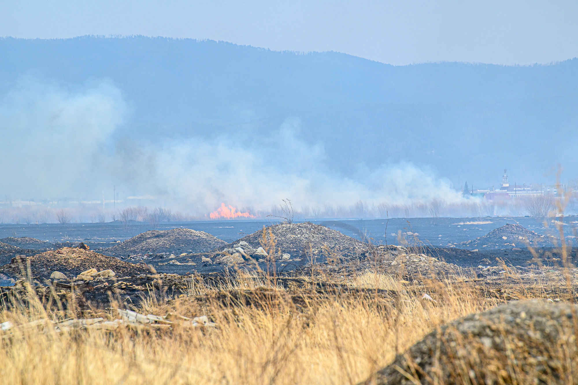 Ветер пригнал степной пожар от Борзи к селу Ключевскому в Забайкальском крае