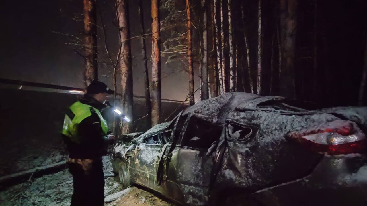На Урале водителя легковушки занесло на заснеженной дороге. Машина врезалась в дерево, пассажир погиб на месте