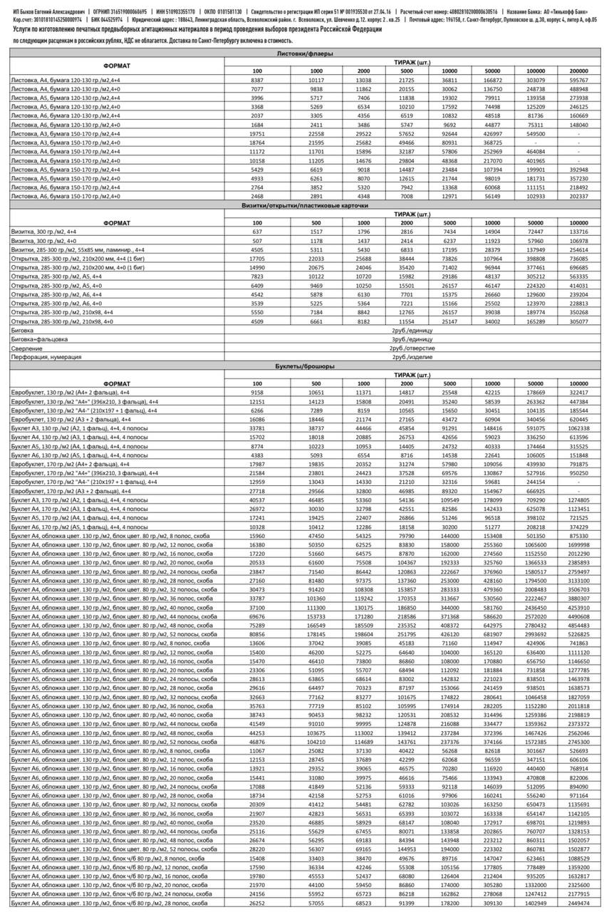 ИП Быков Евгений Александрович готов напечатать агитационные материалы для  выборов президента РФ - 20 декабря 2023 - ФОНТАНКА.ру
