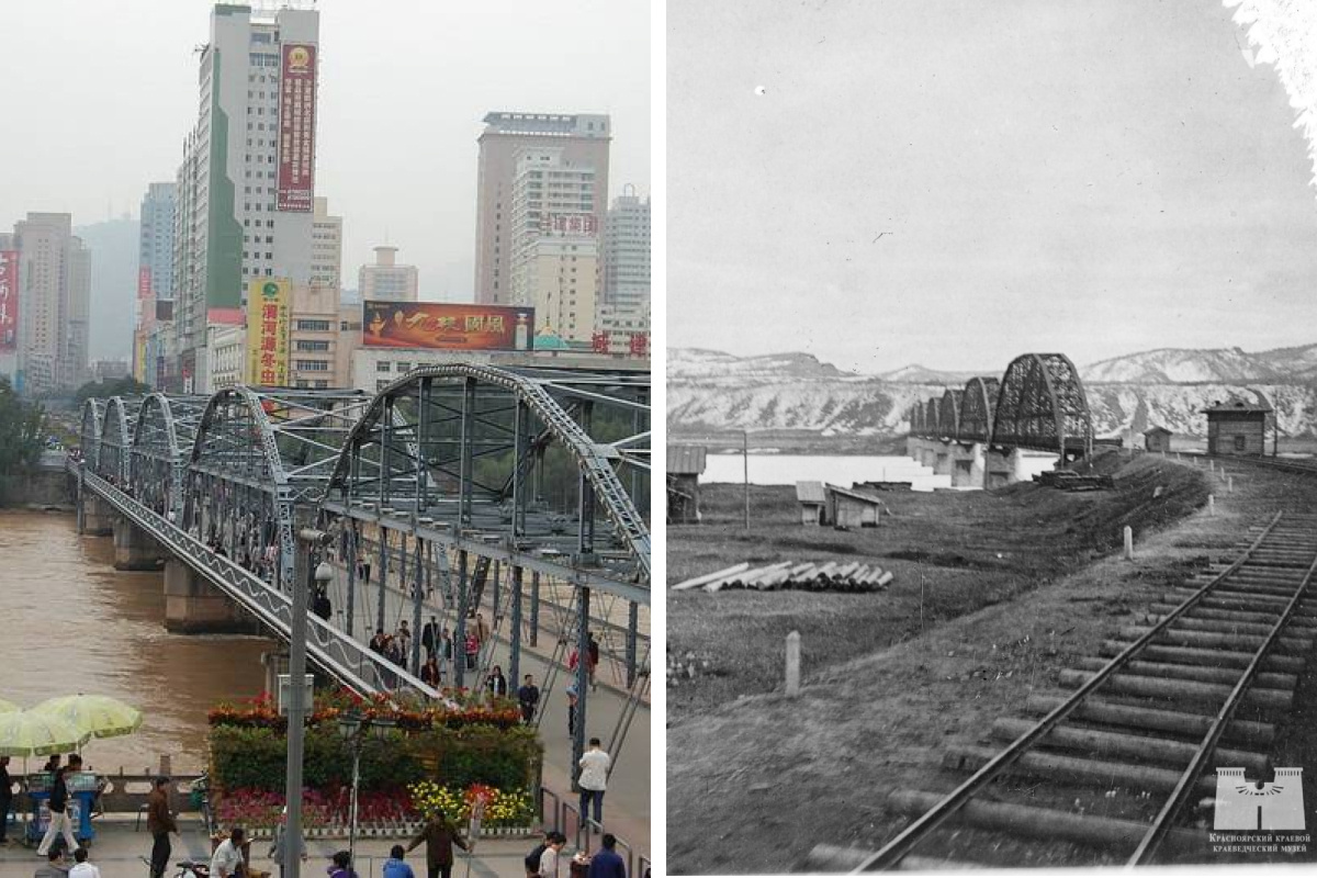 На изображении слева — мост через реку Хуанхэ. Справа — железнодорожный мост через Енисей