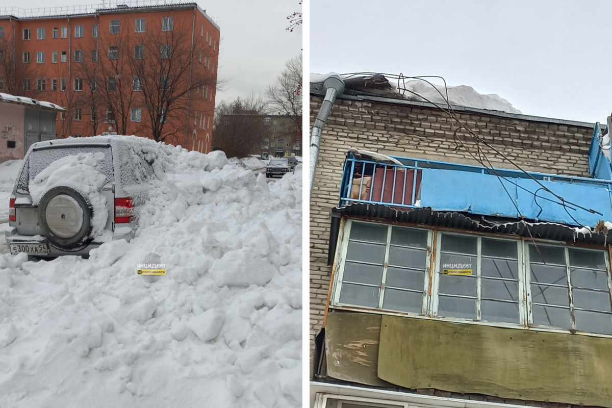 Снег сломал ограждение на крыше и засыпал припаркованные автомобили в Новосибирске