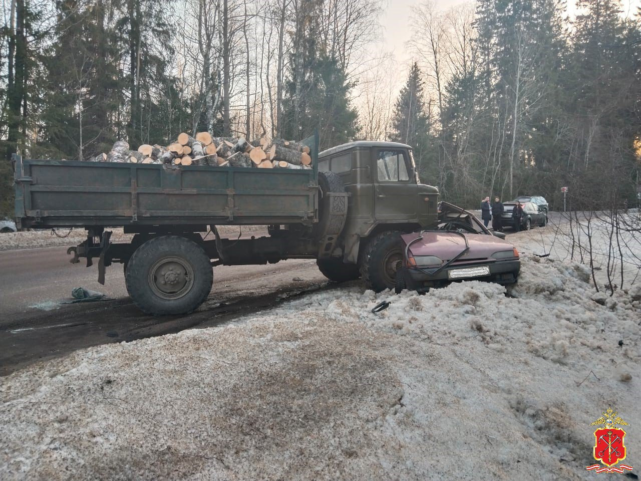 Полиция показала последствия смертельного ДТП в Ленобласти. «Лада» попала под грузовик с дровами