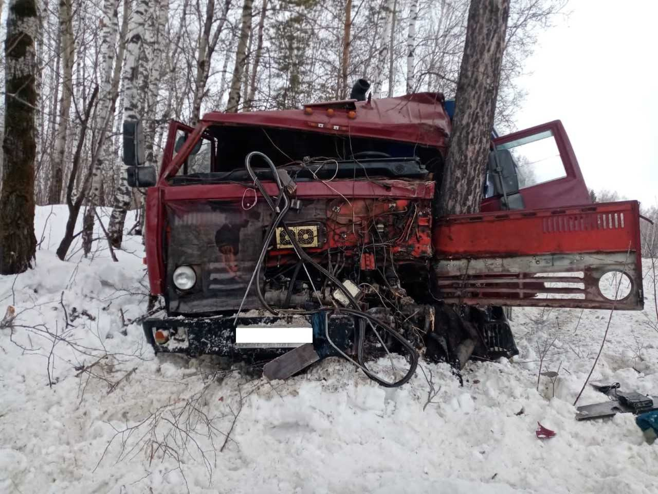 На Урале водитель КАМАЗа вылетел с дороги и въехал в дерево. Кабину сплющило