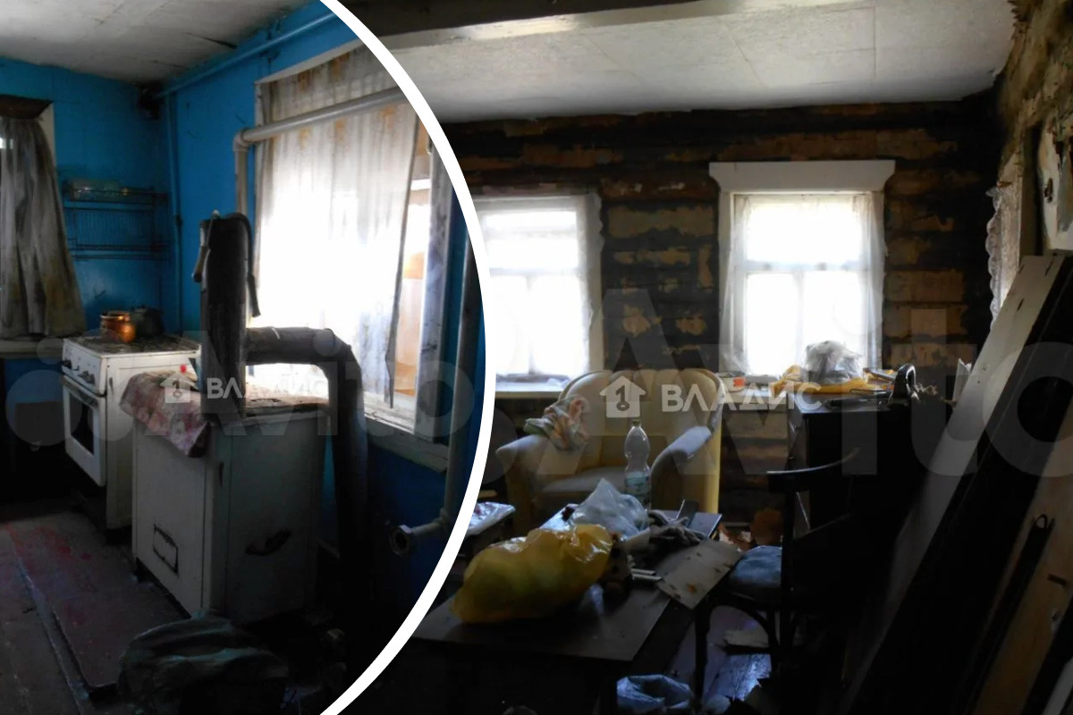 Слева — часть кухни, справа — жилое помещение, явно требующее ремонта и уборки