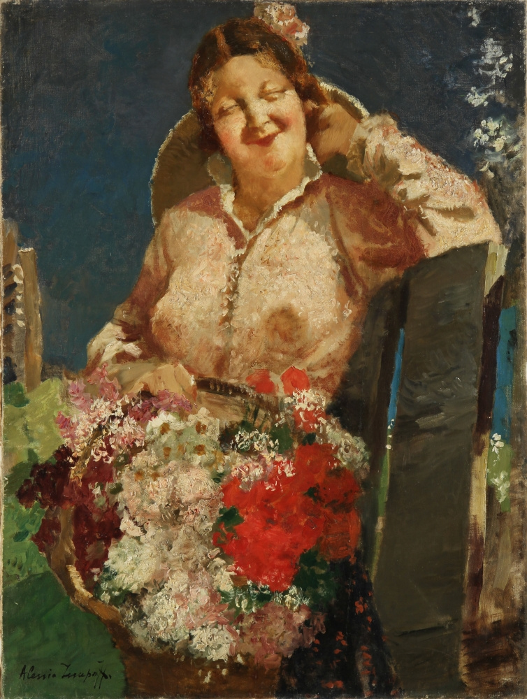 Алексей Исупов. Портрет жены с корзинкой цветов. Конец 1920-х. Холст, масло.