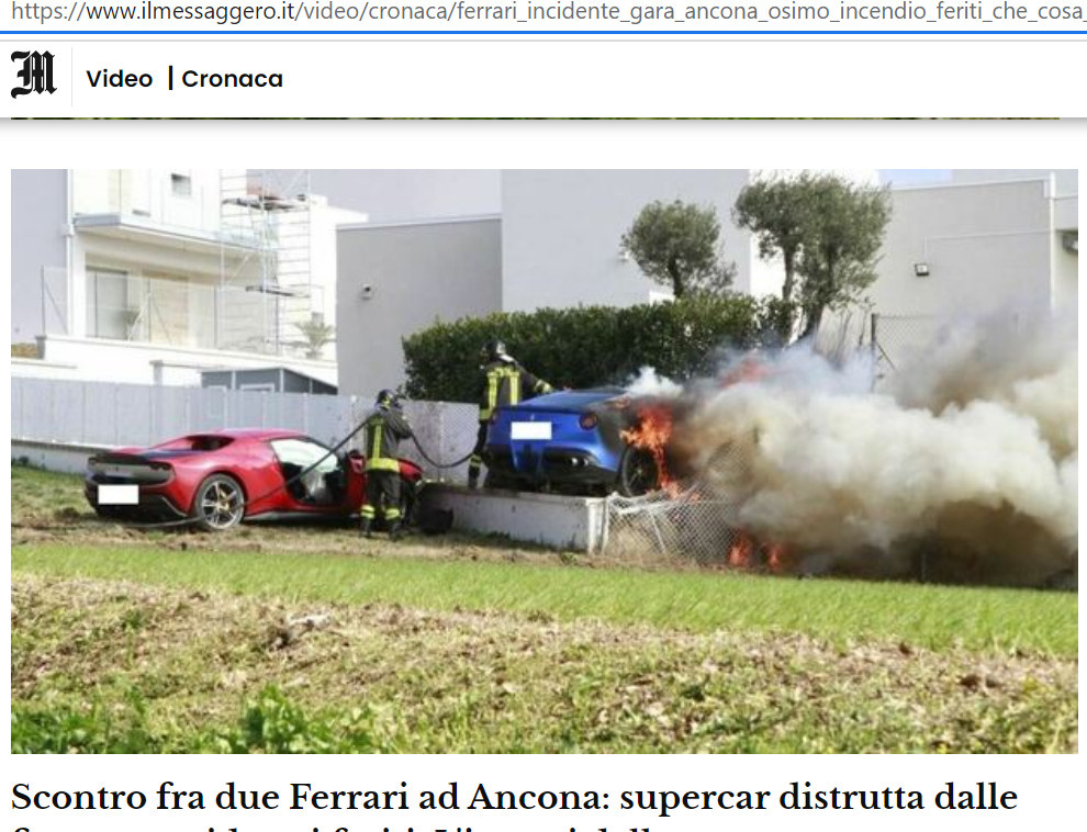 Роскошное ДТП в Италии: два друга за 3 секунды разбивают каждый по Ferrari. Суперкар в огне, обломки в воде