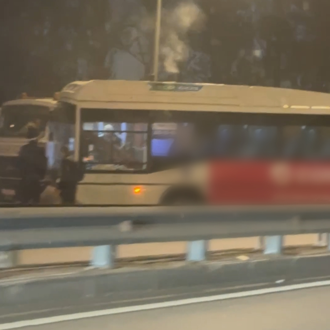 Автобус врезался в грузовик дорожной разметки и перекрыл Пулковское шоссе