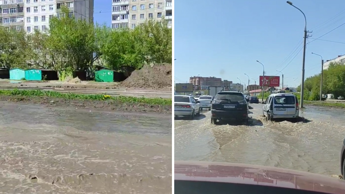 «Вода бьет фонтаном»: дорога на Гусинобродском шоссе ушла под воду из-за прорыва трубы — видео
