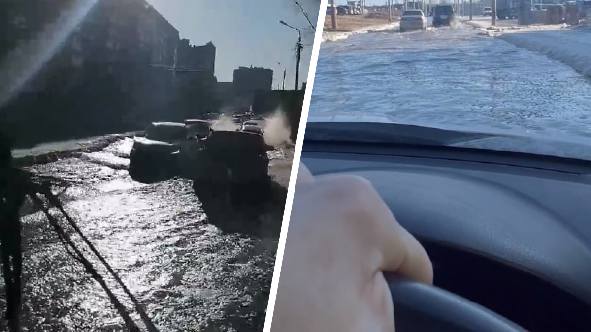 В Красноярске в двух районах затопило проезжую часть. Дорога обледенела и собрались пробки
