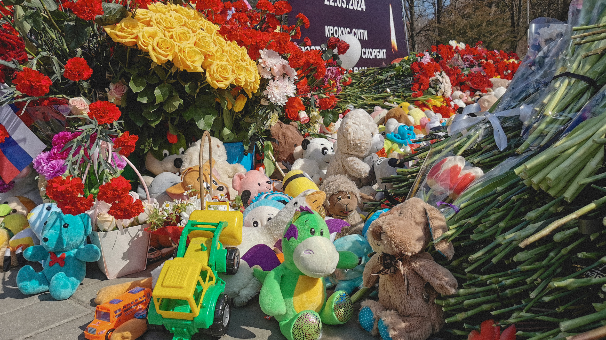 Гора из цветов и игрушек: как выглядит ростовский мемориал на третьи сутки после теракта в «Крокусе»