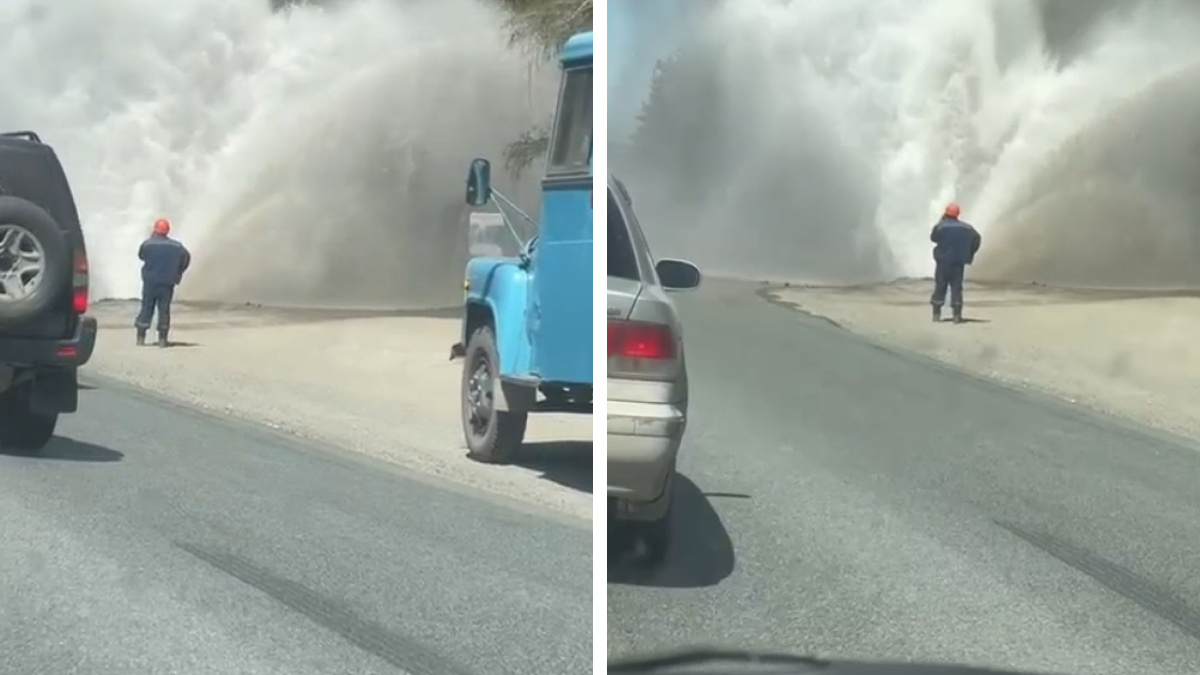 Эффектный гейзер: на Бердском шоссе прорвало трубу — видео с фонтаном
