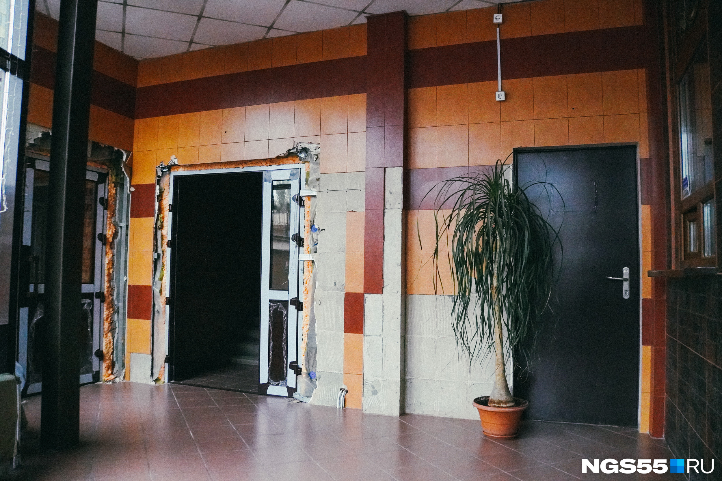 В подъезде дома стоят горшки с растениями В подъезде дома стоят горшки с растениями