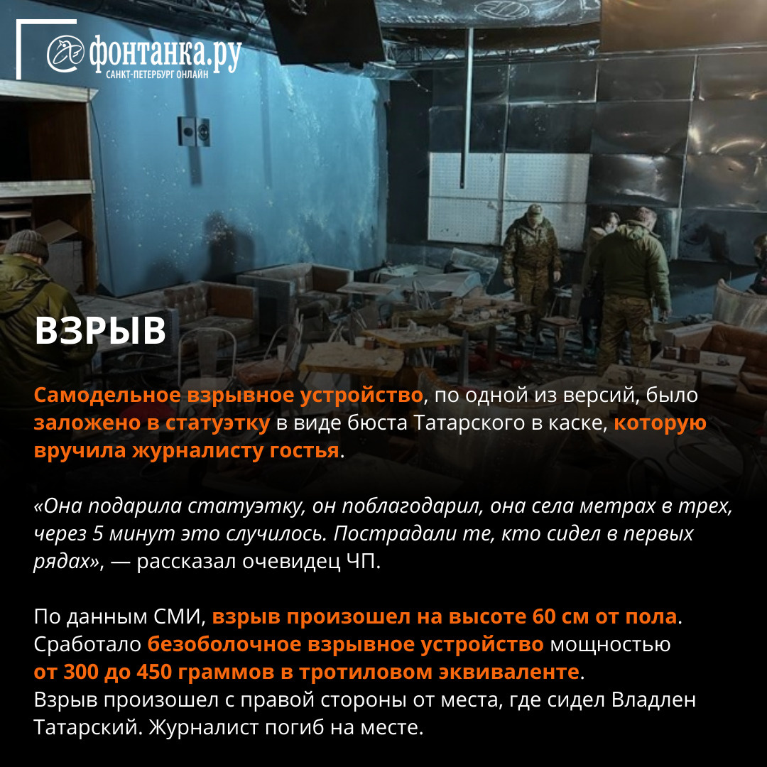 Что известно о взрыве на Университетской и гибели Владлена Татарского —  коротко о главном - 3 апреля 2023 - Фонтанка.Ру