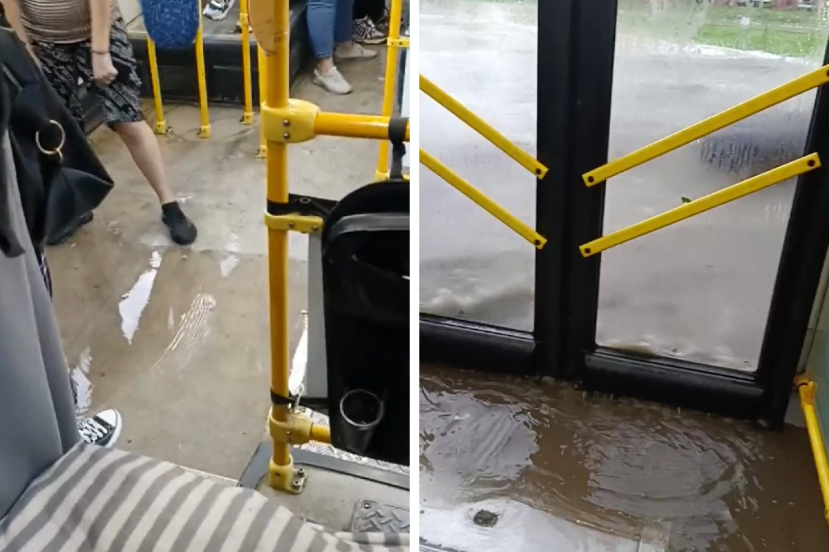 Автобус залило водой во время ливня в Новосибирске — видео