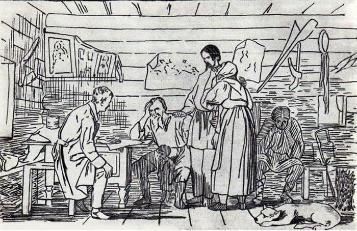Литография с картины В. Бочина «Весть о рекрутском наборе»
