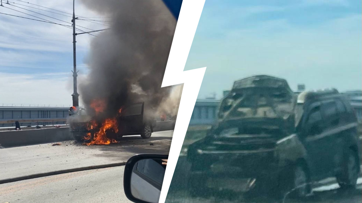 «Задняя часть полностью выгорела»: Nissan загорелся на Октябрьском мосту в Новосибирске