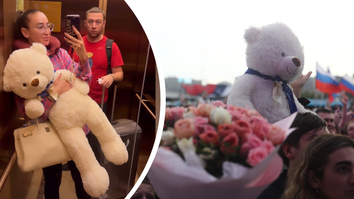 «Весь чемодан в ваших подарках»: Ольга Бузова улетела из Новосибирска с медведем, которого ей подарили на концерте