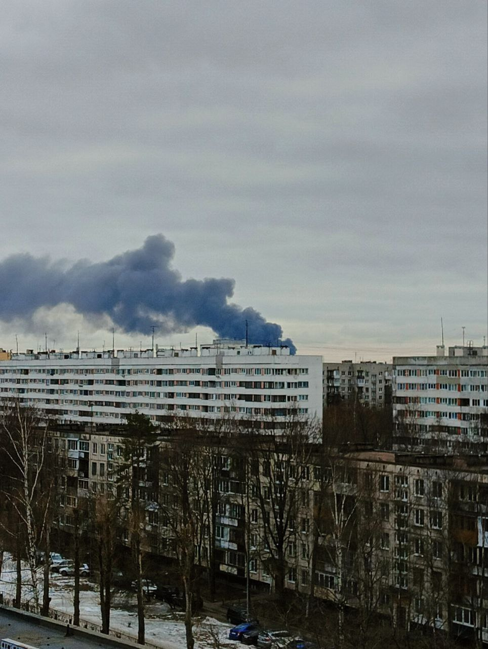 Огромный столб черного дыма в небе встревожил петербуржцев
