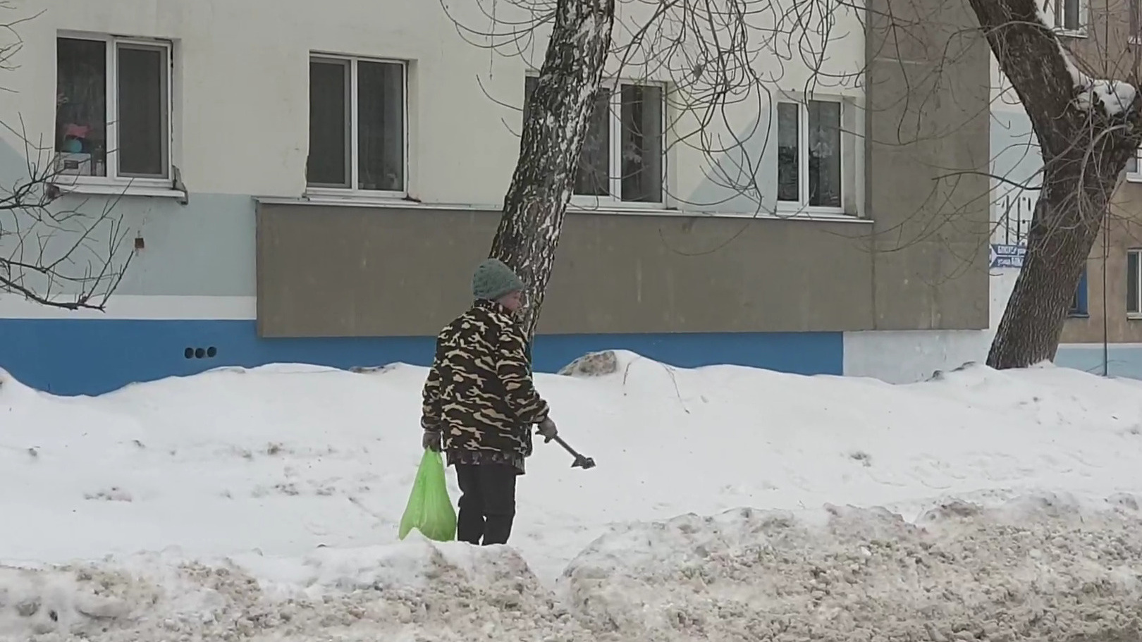 В Башкирии пенсионерка проложила путь в магазин через сугробы с помощью ледоруба — видео