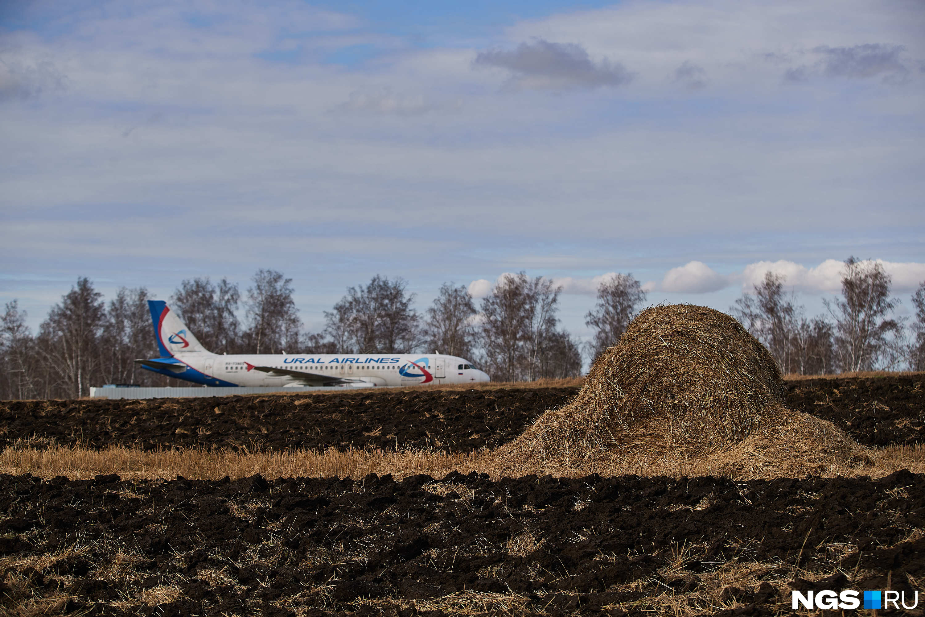 Недалеко от самолета лежит стог, рядом с лайнером работники пахать поле не смогут. Авиакомпания пообещала возместить все убытки