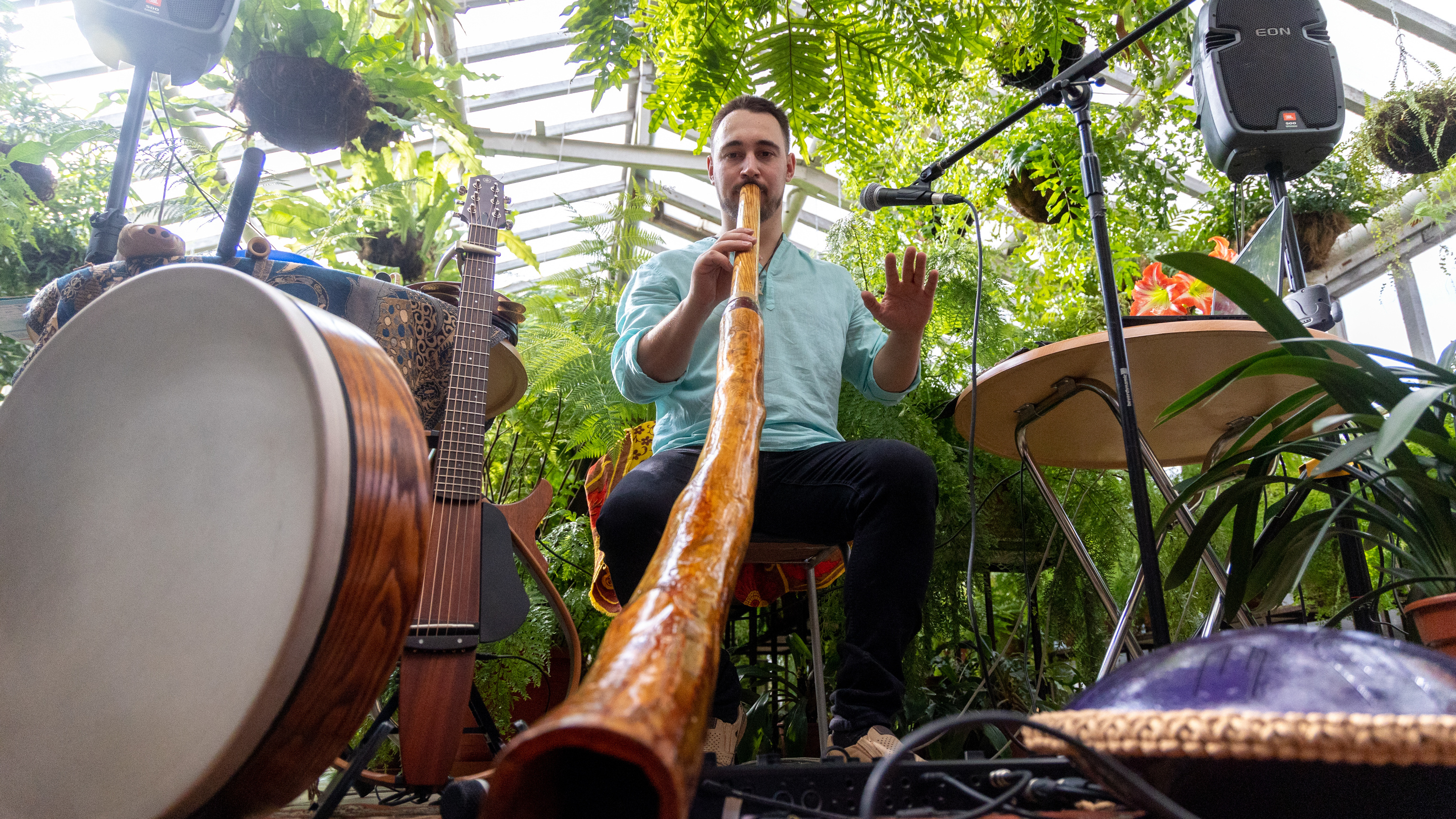 А это что за глюкофон? В Екатеринбурге музыканты среди тропических цветов сыграли на безумных инструментах