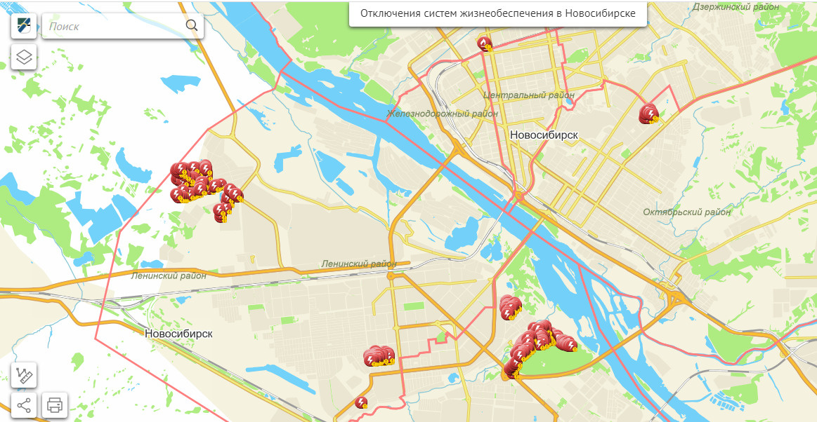 Так выглядит карта отключений электроэнергии в Новосибирске