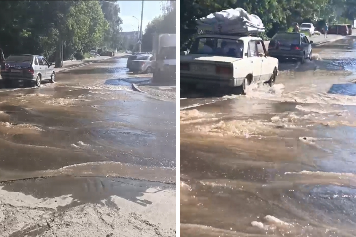 «Вода вся во дворы стекает, теплая»: улицу Котовского залило из-за прорыва трубы